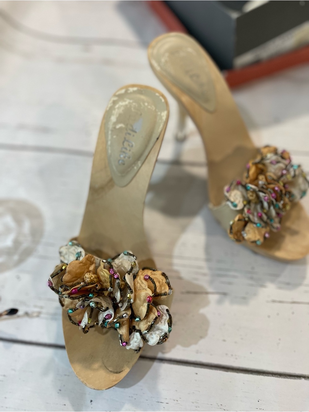 ModaLikke Y2K Wooden Platform Floral Beaded Clear Heel Mules